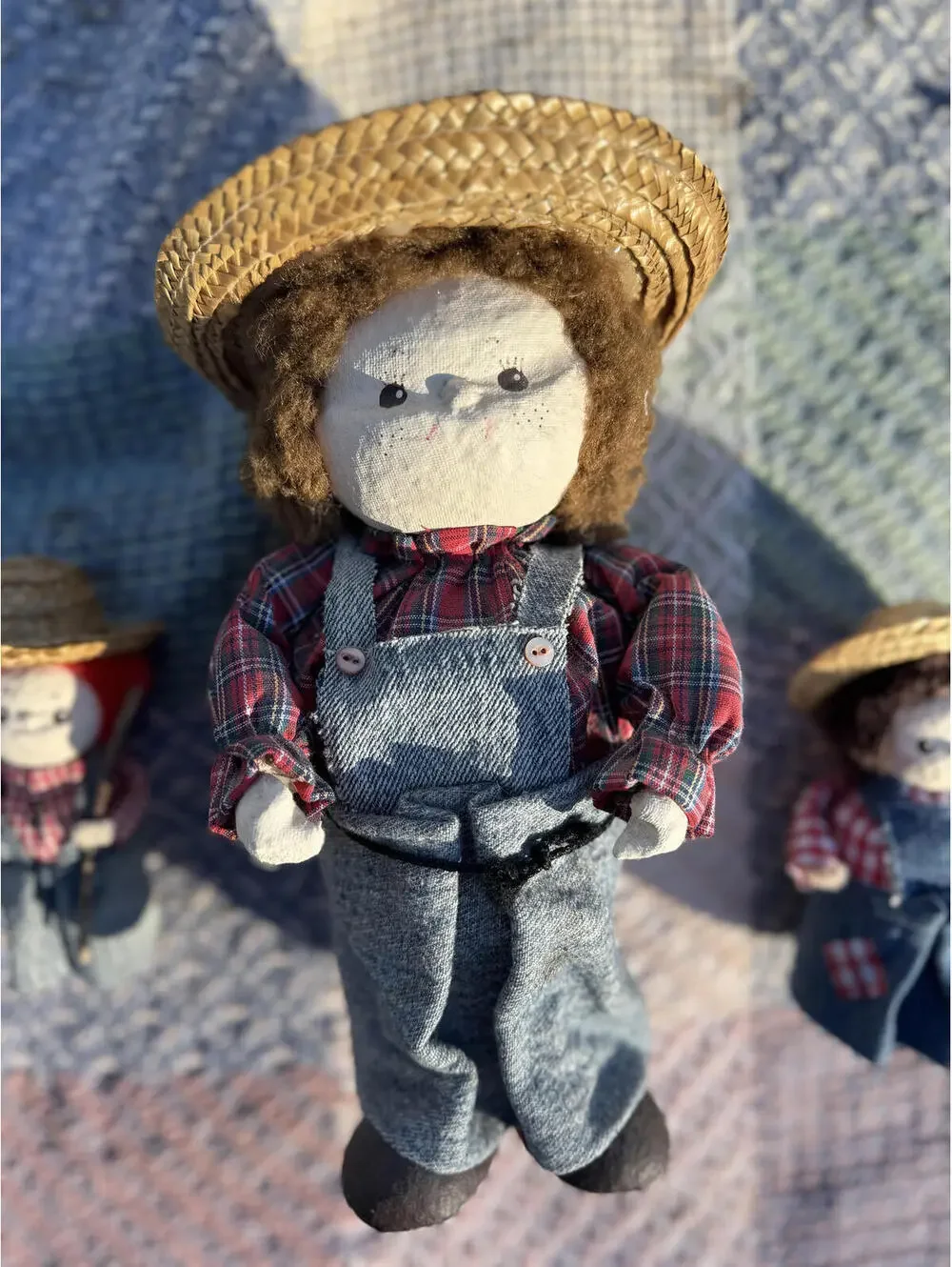Vintage Set of Four Handmade Farmer Dolls with Straw Hats and Denim Overalls